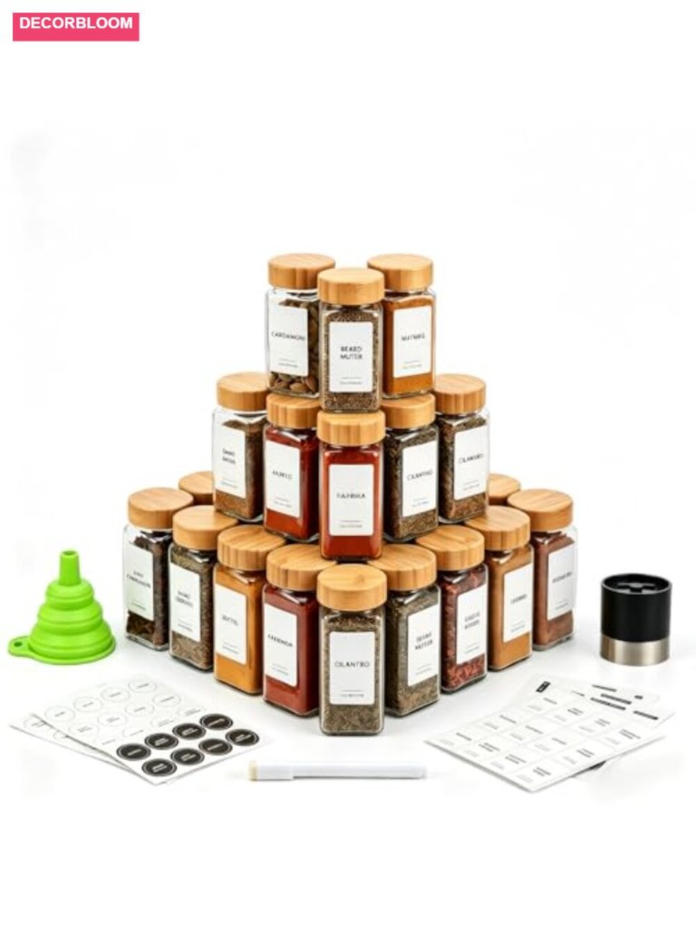24 Pc 4oz Glass Spice Jars with Bamboo Lids and Labels